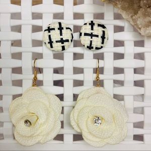 Mesh flower drop earring & plaid stud earring set